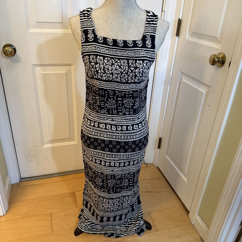 TRIBAL PRINT Studio I Black White Sleeveless Maxi Dress Rayon Size 8